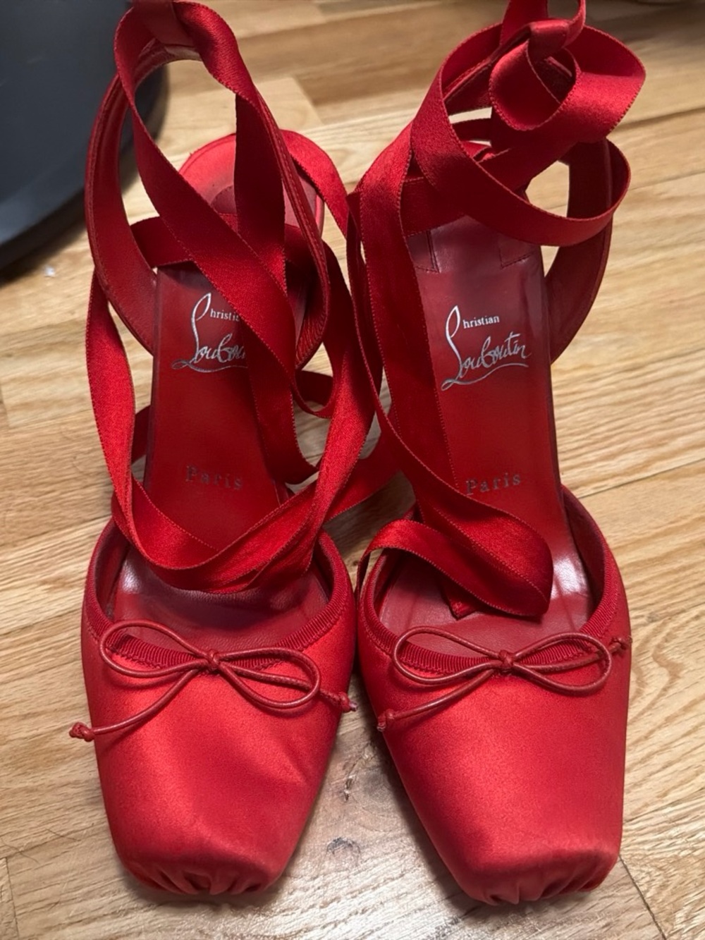 Christian Louboutin Red Satin Ankle Tie Pumps with Bow Detail